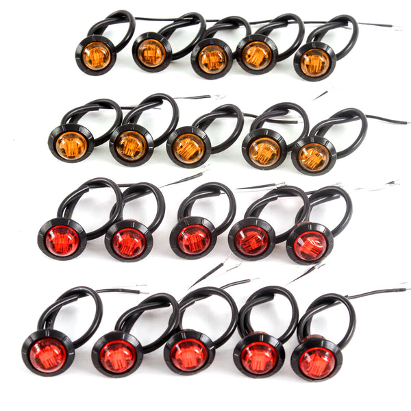 10) 3/4 Inches Amber & Red LED Clearance Side Marker Lights Truck Trailer Pickup Flush